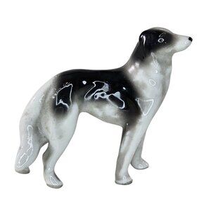 Vintage Porcelain Borzoi Dog Figurine Black & White Ceramic Statue Miniature